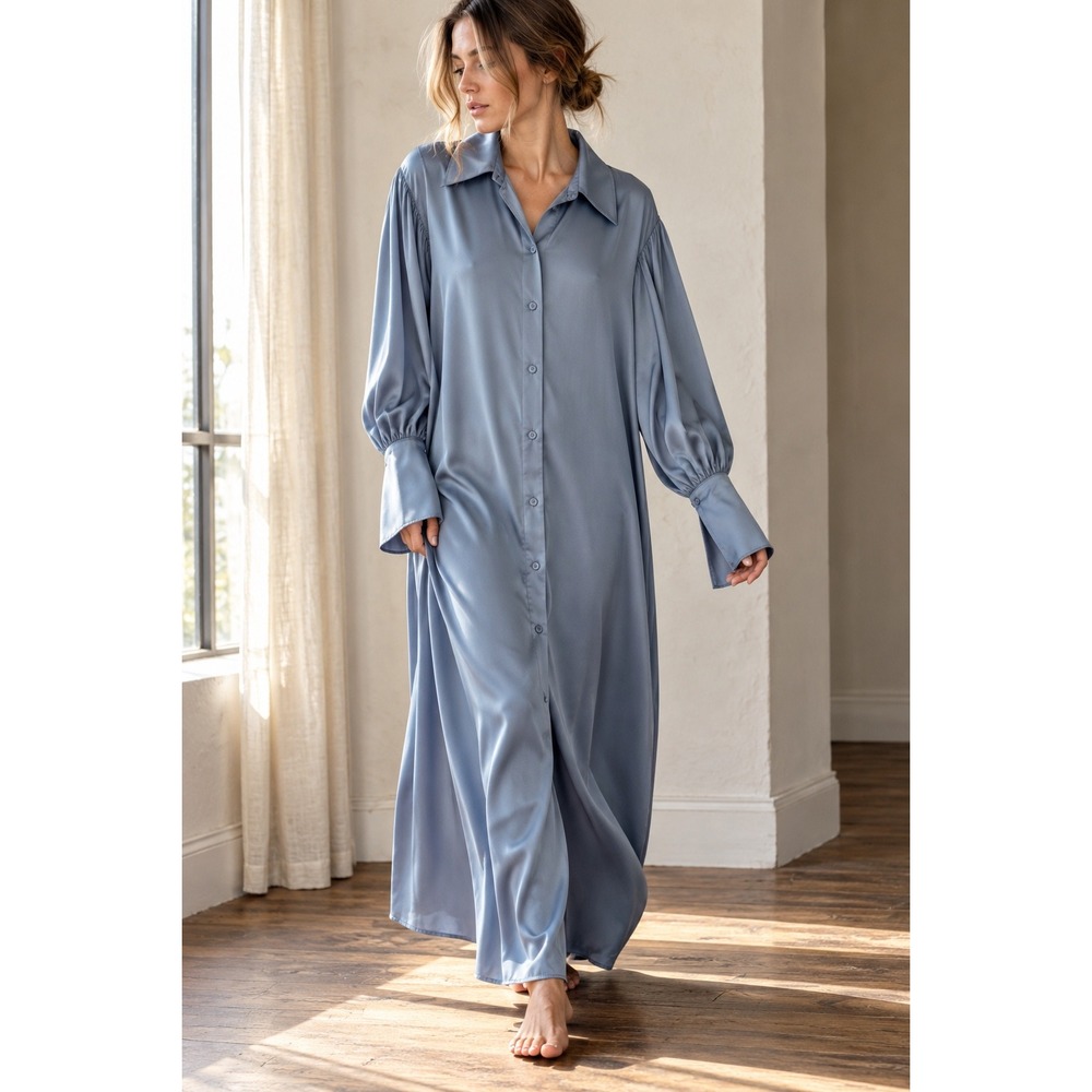 NAP Loungewear Drape Satin Maxi Shirt Dress Robe Puff Sleeve Frost Blue S